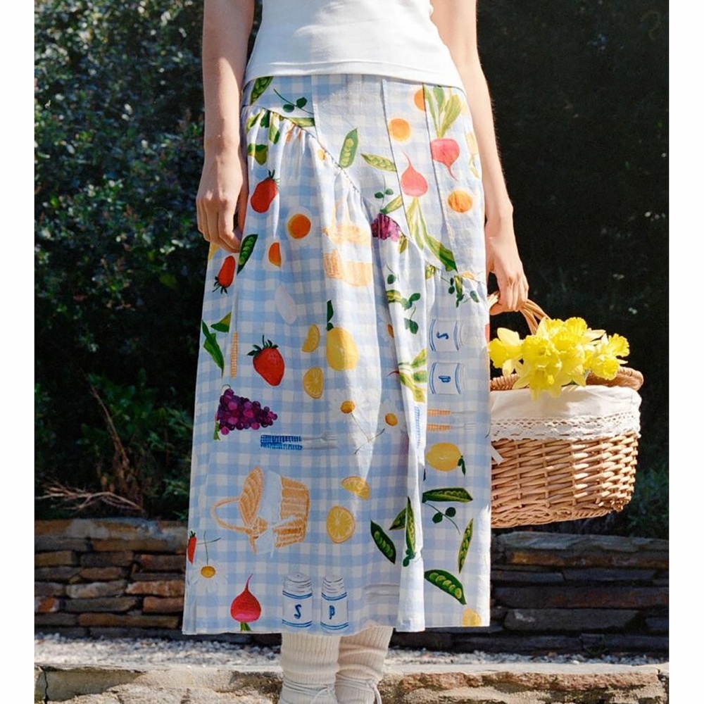 NWT Lisa Says Gah Maeve Picnic Alfresco Midi Skirt Food Vegetable Blue Gingham M